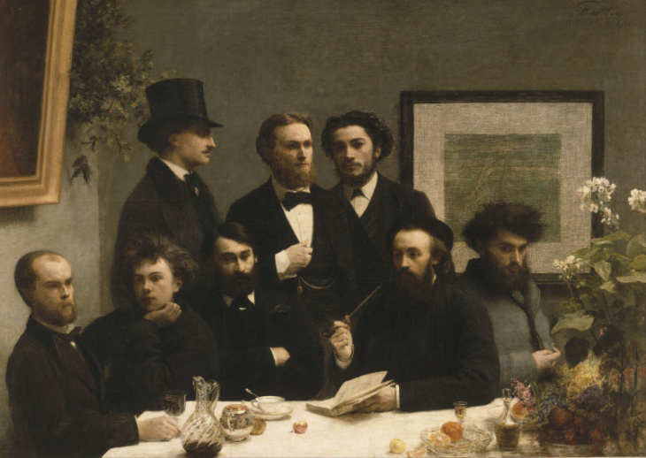 Le tableau Un coin de table (Henri Fantin-Latour, Paris, Musée d'Orsay, 1872) représente une réunion de poètes parnassiens, avant que Verlaine, représenté en bas à gauche, ne quitte le groupe. Wikipedia.